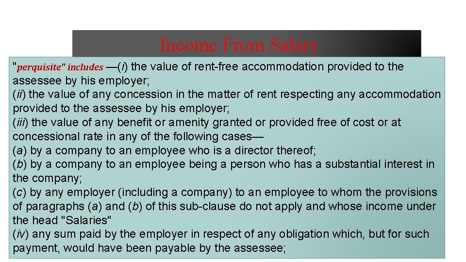 Income From Salary "perquisite" includes —(i) the value of rent-free accommodation provided to the