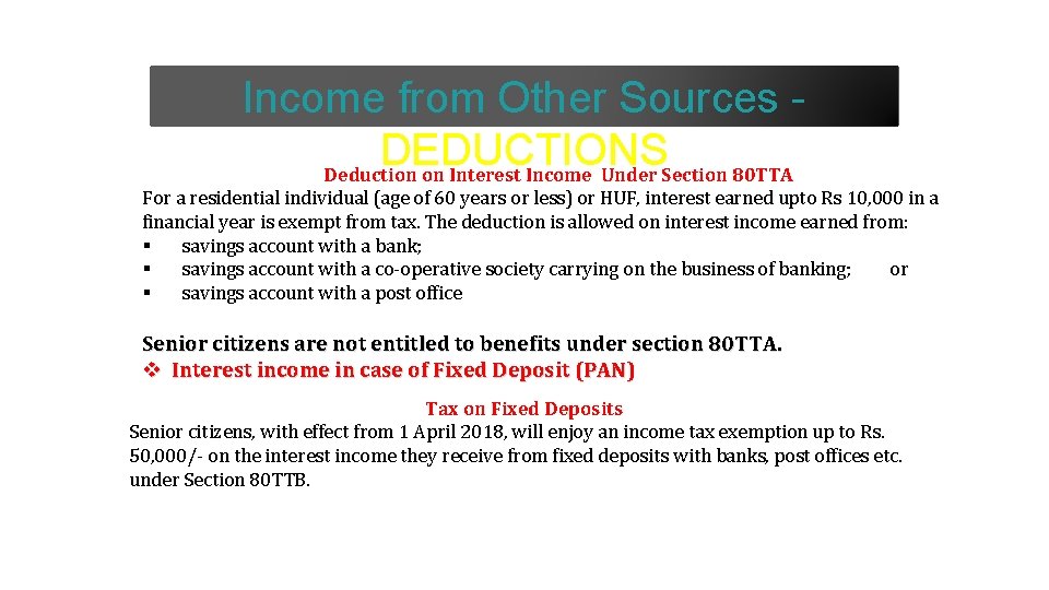 Income from Other Sources DEDUCTIONS Deduction on Interest Income Under Section 80 TTA For