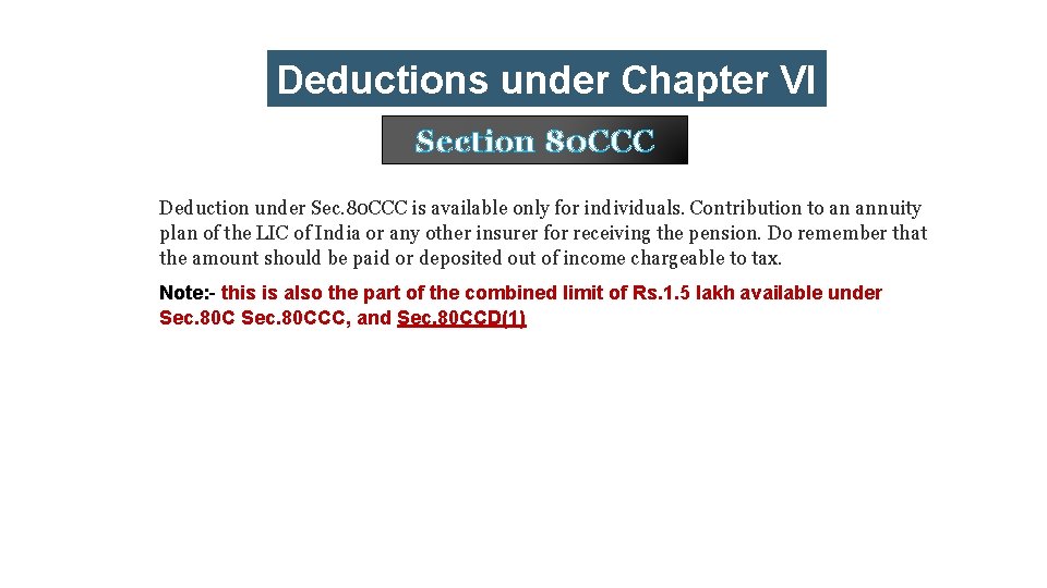 Deductions under Chapter VI Section-A 80 CCC Deduction under Sec. 80 CCC is available