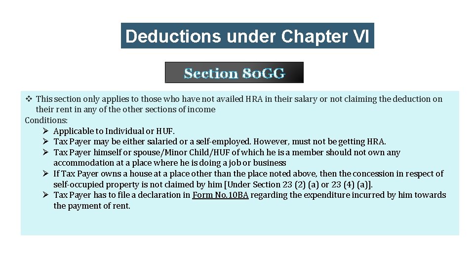 Deductions under Chapter VI -A Section 80 GG v This section only applies to