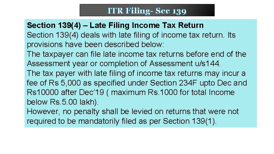 ITR Filing- Sec 139 Section 139(4) – Late Filing Income Tax Return Section 139(4)