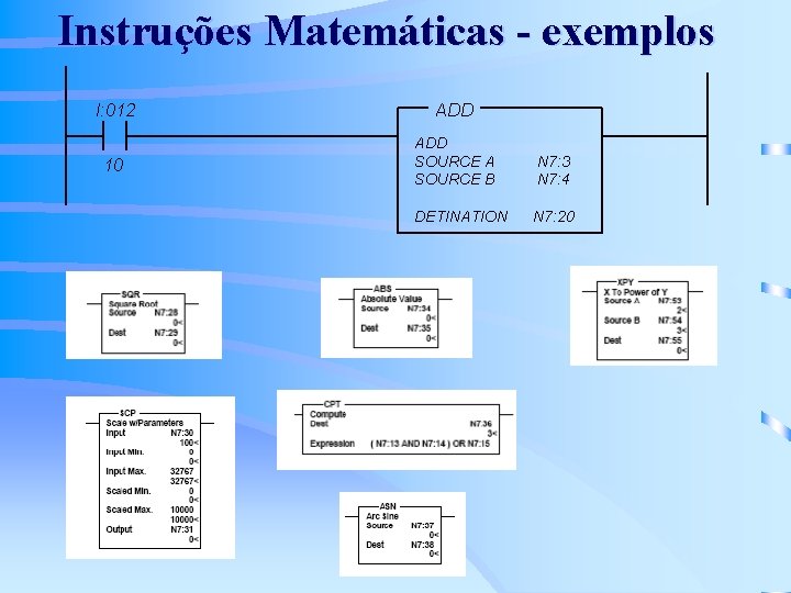 Instruções Matemáticas - exemplos I: 012 ADD 10 ADD SOURCE A SOURCE B N