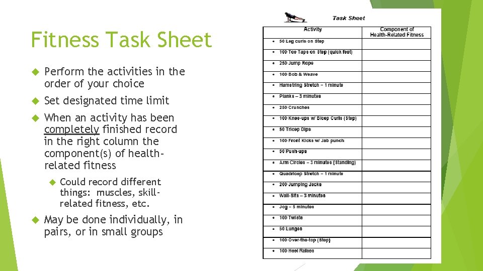 Fitness Task Sheet Perform the activities in the order of your choice Set designated