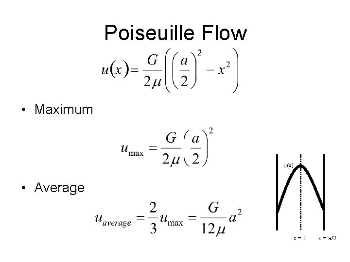 Poiseuille Flow • Maximum u(x) • Average x=0 x = a/2 