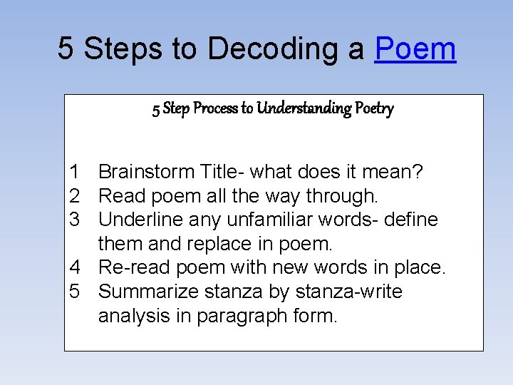 5 Steps to Decoding a Poem 5 Step Process to Understanding Poetry 1 Brainstorm