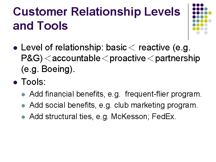 Customer Relationship Levels and Tools l l Level of relationship: basic＜ reactive (e. g.