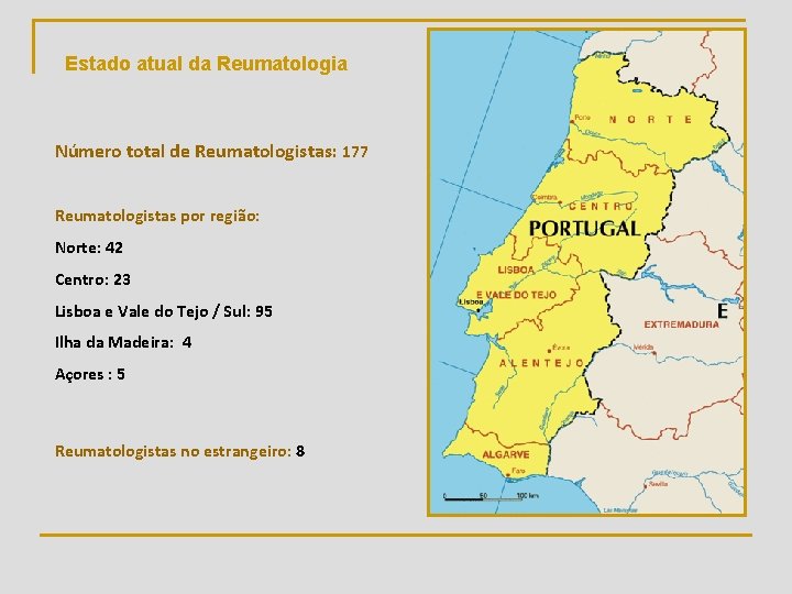 Estado atual da Reumatologia Número total de Reumatologistas: 177 Reumatologistas por região: Norte: 42