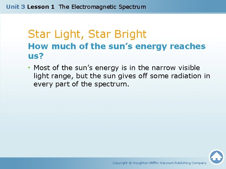 Unit 3 Lesson 1 The Electromagnetic Spectrum Star Light, Star Bright How much of