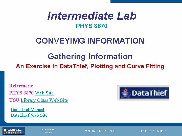 Intermediate Lab PHYS 3870 CONVEYIMG INFORMATION Gathering Information An Exercise in Data. Thief, Plotting