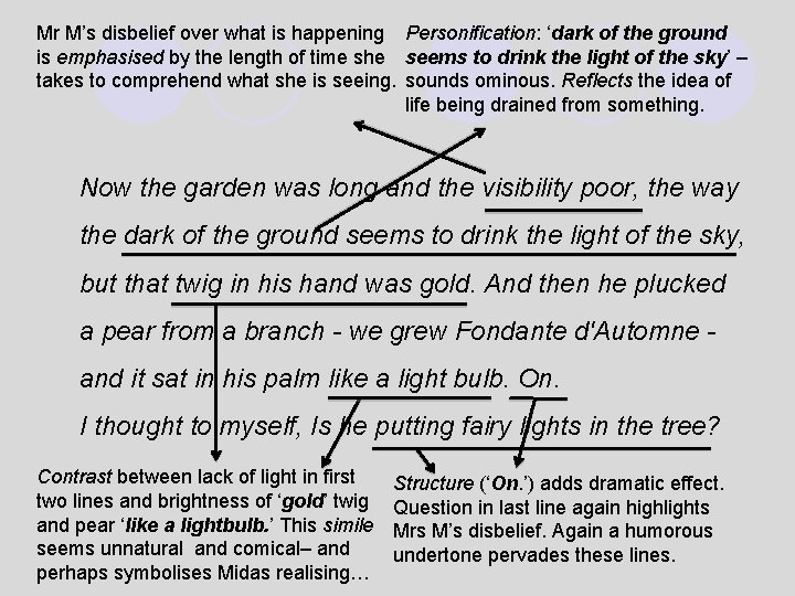 Mr M’s disbelief over what is happening Personification: ‘dark of the ground is emphasised