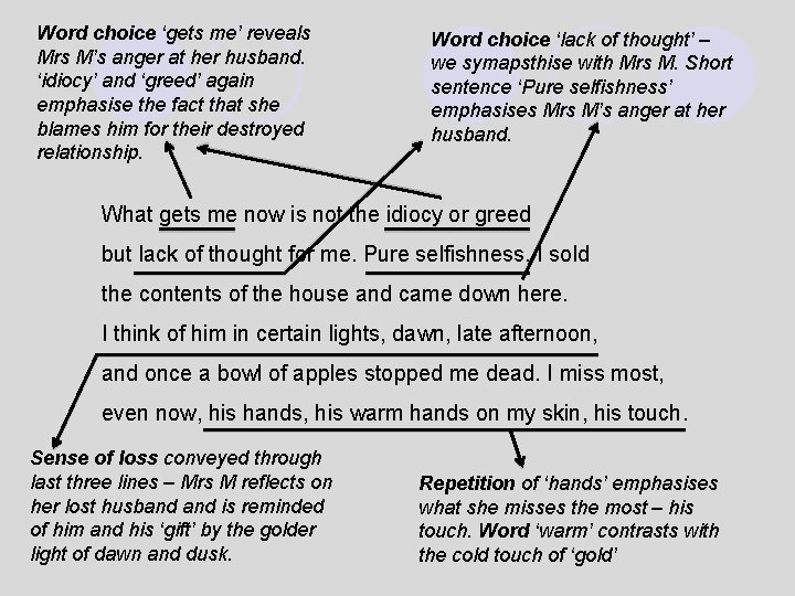 Word choice ‘gets me’ reveals Mrs M’s anger at her husband. ‘idiocy’ and ‘greed’