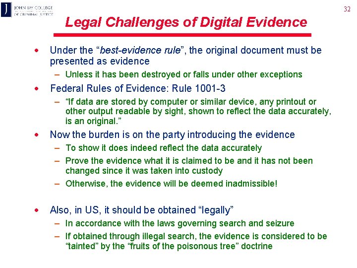 32 Legal Challenges of Digital Evidence · Under the “best-evidence rule”, the original document