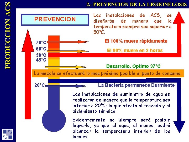 PRODUCCION ACS 2. - PREVENCION DE LA LEGIONELOSIS PREVENCION 70°C 60°C 50°C 45°C Las