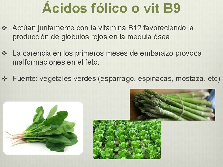 Ácidos fólico o vit B 9 v Actúan juntamente con la vitamina B 12 Ácidos fólico o vit B 9 v Actúan juntamente con la vitamina B 12