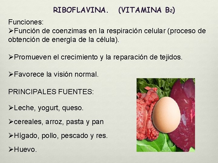 RIBOFLAVINA. (VITAMINA B 2) Funciones: ØFunción de coenzimas en la respiración celular (proceso de RIBOFLAVINA. (VITAMINA B 2) Funciones: ØFunción de coenzimas en la respiración celular (proceso de