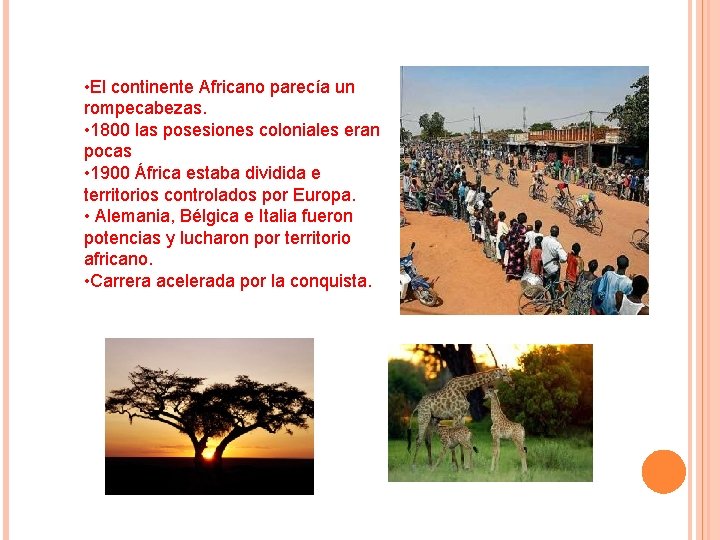  • El continente Africano parecía un rompecabezas. • 1800 las posesiones coloniales eran
