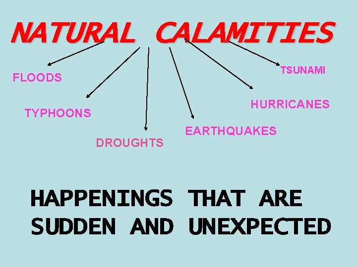 NATURAL CALAMITIES TSUNAMI FLOODS HURRICANES TYPHOONS DROUGHTS EARTHQUAKES HAPPENINGS THAT ARE SUDDEN AND UNEXPECTED