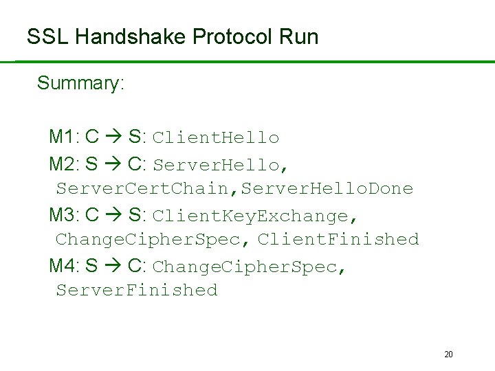 SSL Handshake Protocol Run Summary: M 1: C S: Client. Hello M 2: S