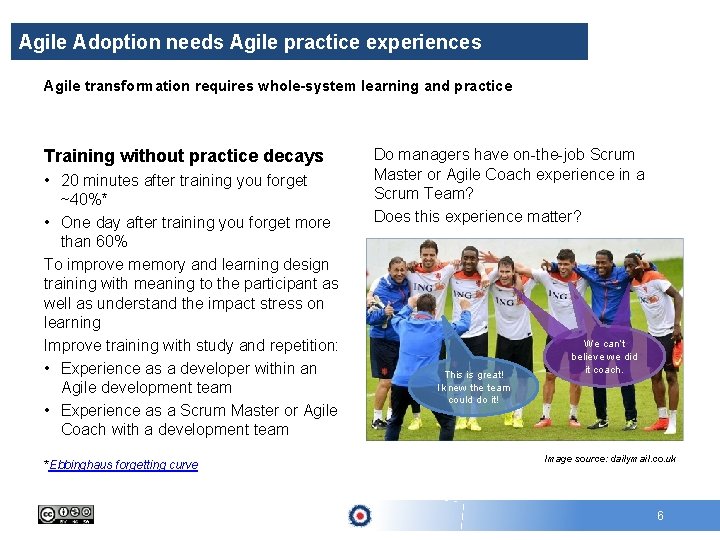 Agile Adoption needs Agile practice experiences Agile transformation requires whole-system learning and practice Training