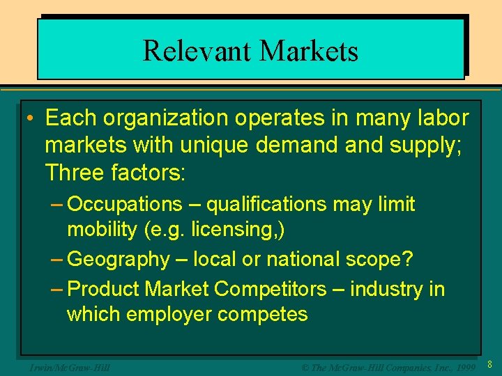 Relevant Markets • Each organization operates in many labor markets with unique demand supply;