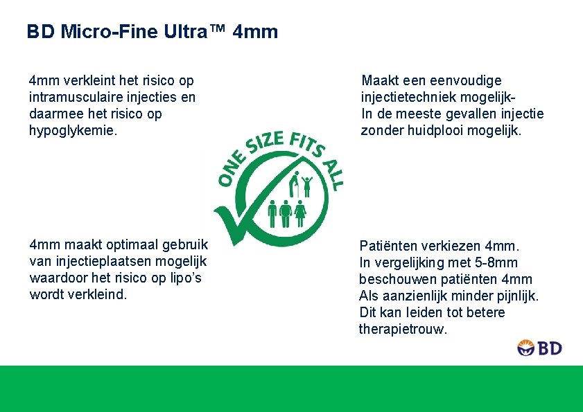 BD Micro-Fine Ultra™ 4 mm verkleint het risico op intramusculaire injecties en daarmee het