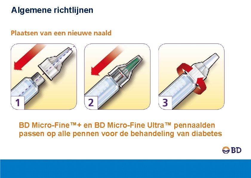 Algemene richtlijnen BD Micro-Fine™+ en BD Micro-Fine Ultra™ pennaalden passen op alle pennen voor