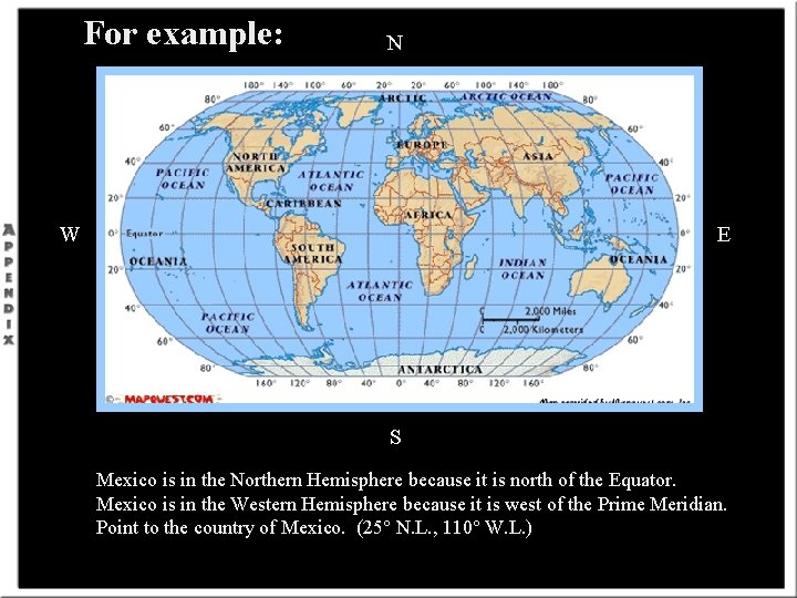 For example: N W E S Mexico is in the Northern Hemisphere because it