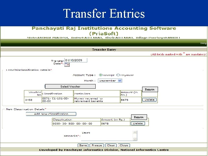 Transfer Entries Select Voucher Remove 