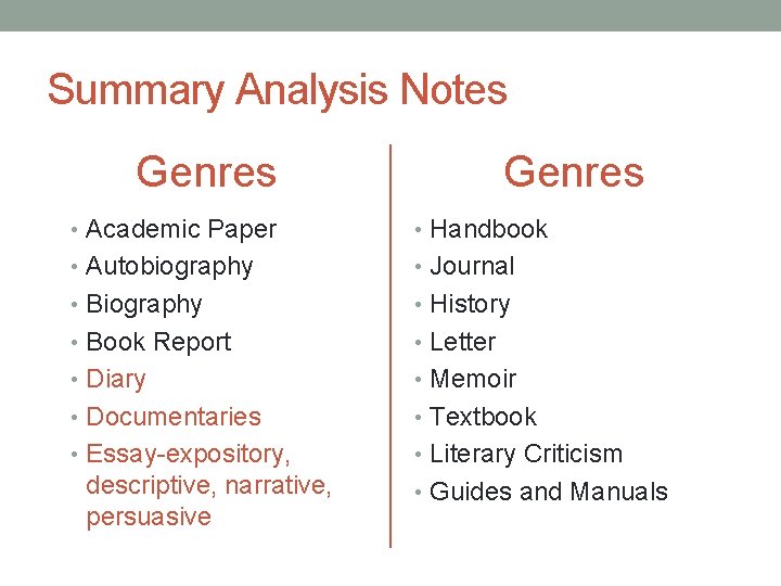 Summary Analysis Notes Genres • Academic Paper • Handbook • Autobiography • Journal • Summary Analysis Notes Genres • Academic Paper • Handbook • Autobiography • Journal •
