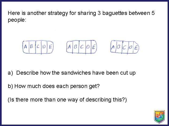 Here is another strategy for sharing 3 baguettes between 5 people: a) Describe how