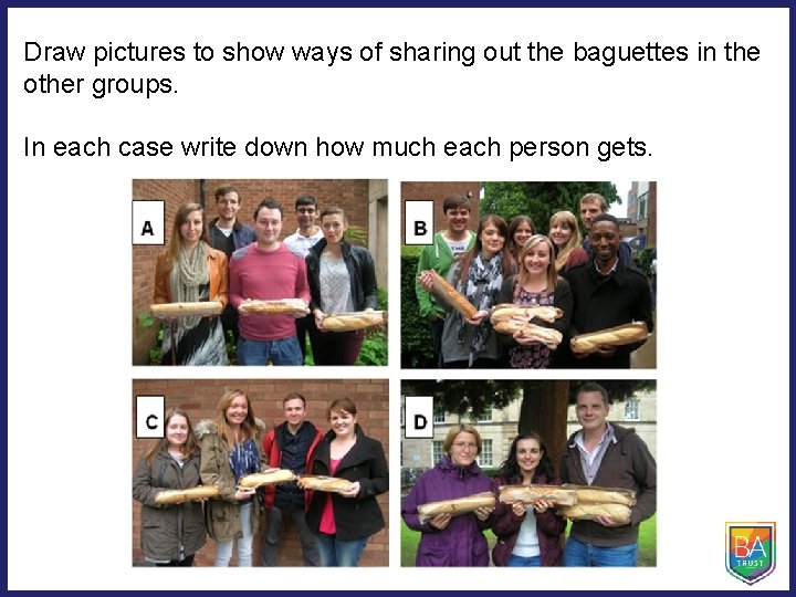 Draw pictures to show ways of sharing out the baguettes in the other groups.