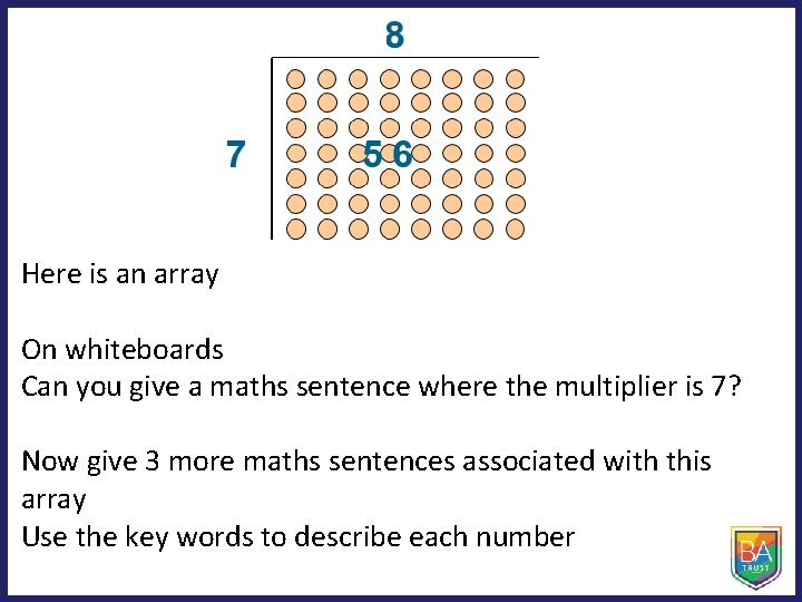 Here is an array On whiteboards Can you give a maths sentence where the