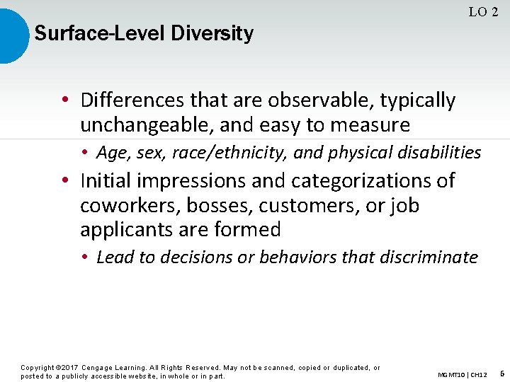 LO 2 Surface-Level Diversity • Differences that are observable, typically unchangeable, and easy to