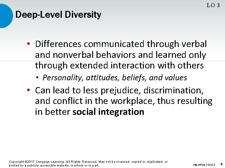 LO 3 Deep-Level Diversity • Differences communicated through verbal and nonverbal behaviors and learned