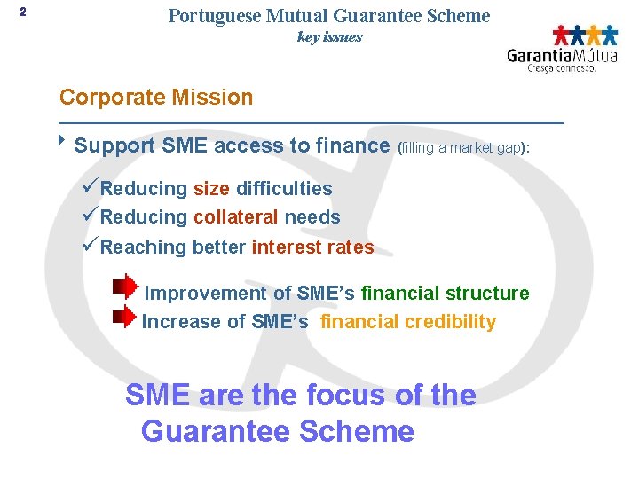 2 Portuguese Mutual Guarantee Scheme key issues Corporate Mission 8 Support SME access to