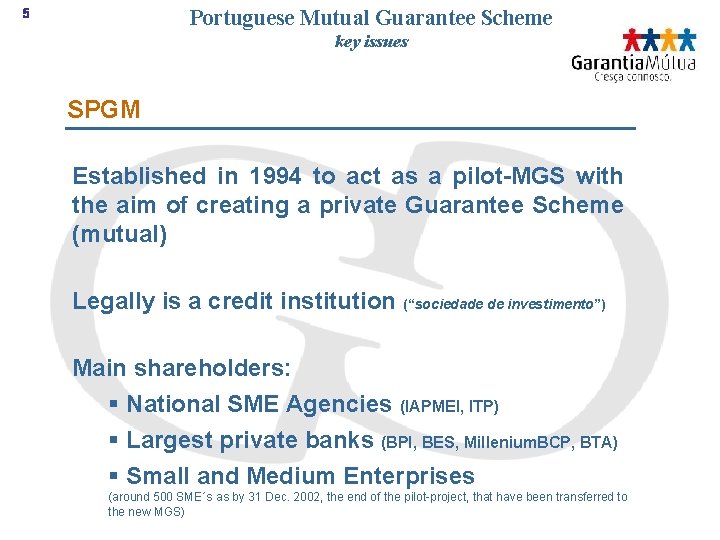 Portuguese Mutual Guarantee Scheme 5 key issues SPGM Established in 1994 to act as