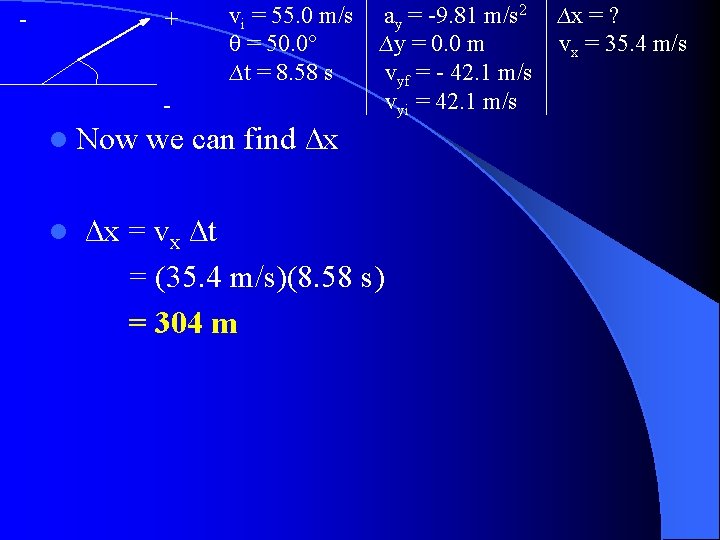- + vi = 55. 0 m/s θ = 50. 0° ∆t = 8. - + vi = 55. 0 m/s θ = 50. 0° ∆t = 8.