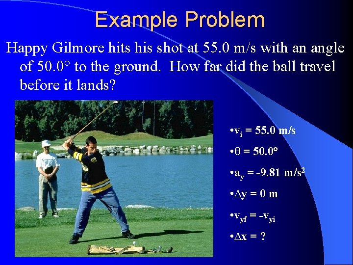 Example Problem Happy Gilmore hits his shot at 55. 0 m/s with an angle