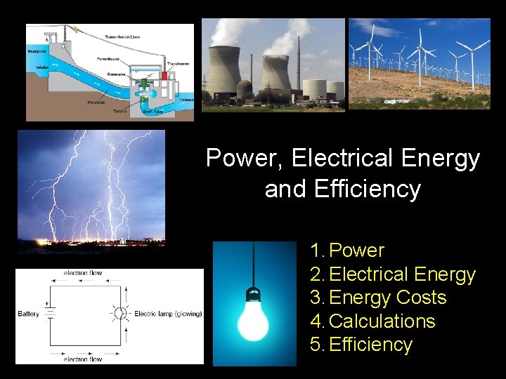 Power, Electrical Energy and Efficiency 1. Power 2. Electrical Energy 3. Energy Costs 4.