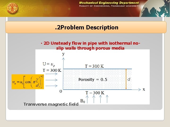 . 2 Problem Description • 2 D Unsteady flow in pipe with isothermal noslip