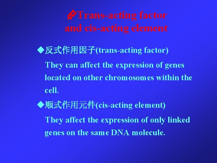  Trans-acting factor and cis-acting element ◆反式作用因子(trans-acting factor) They can affect the expression of