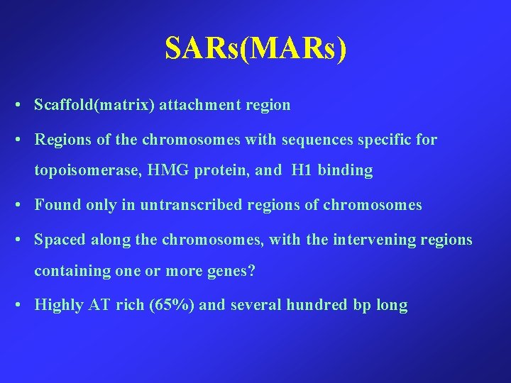SARs(MARs) • Scaffold(matrix) attachment region • Regions of the chromosomes with sequences specific for