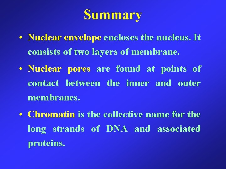 Summary • Nuclear envelope encloses the nucleus. It consists of two layers of membrane.