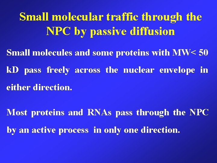 Small molecular traffic through the NPC by passive diffusion Small molecules and some proteins