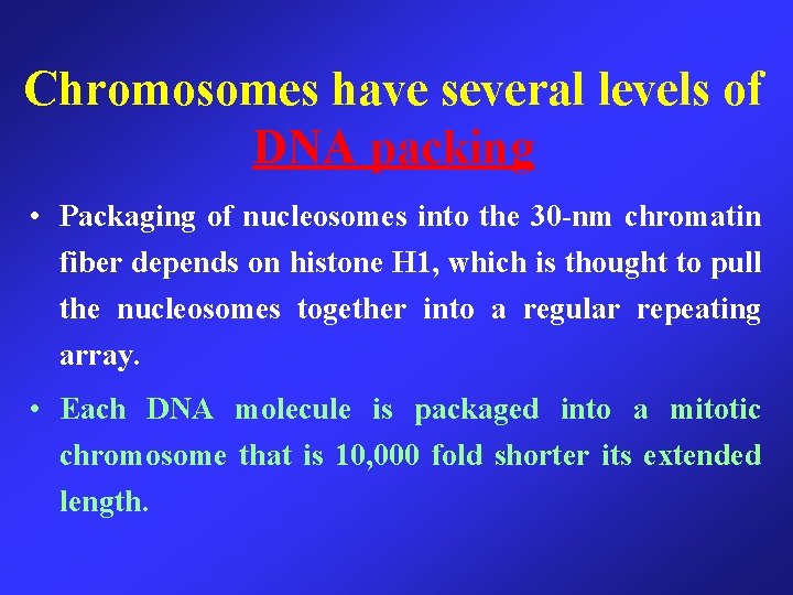 Chromosomes have several levels of DNA packing • Packaging of nucleosomes into the 30