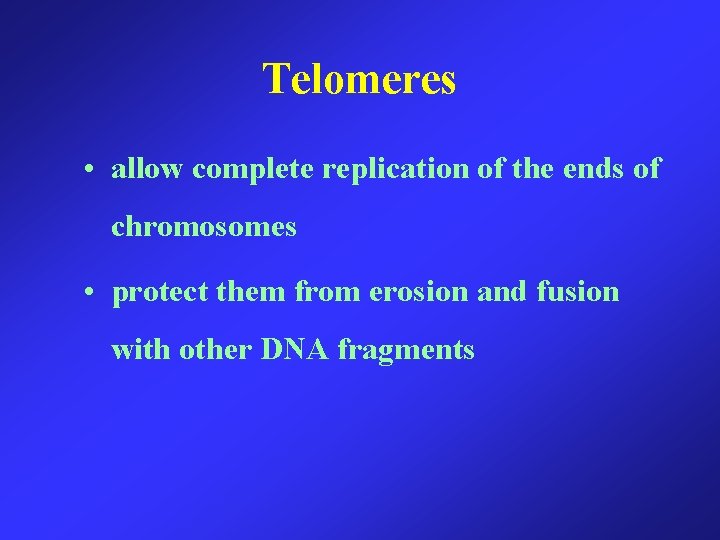 Telomeres • allow complete replication of the ends of chromosomes • protect them from