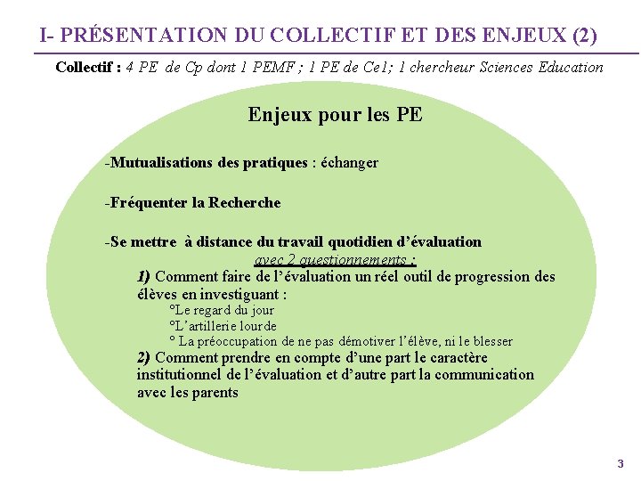 I- PRÉSENTATION DU COLLECTIF ET DES ENJEUX (2) Collectif : 4 PE de Cp