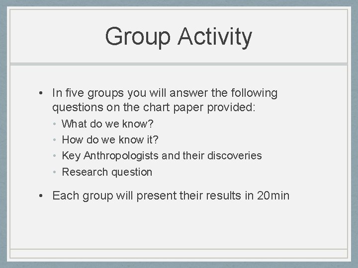 Group Activity • In five groups you will answer the following questions on the