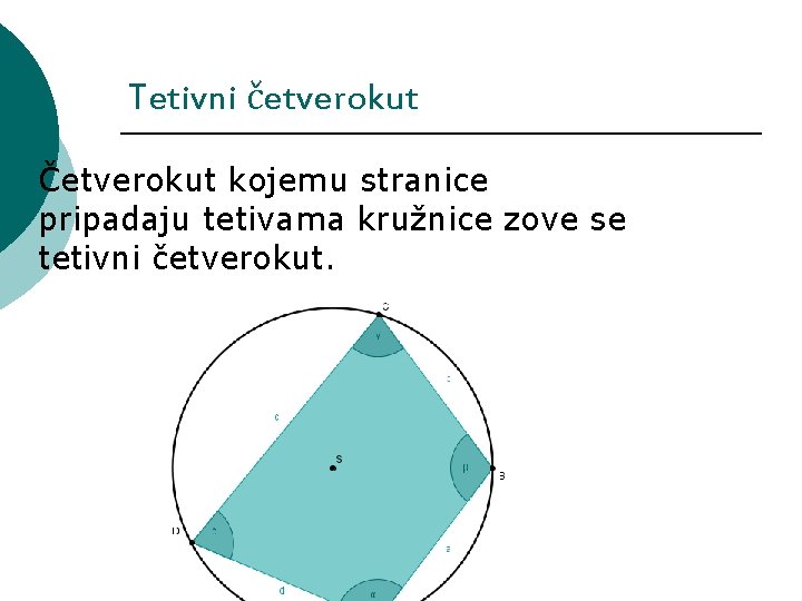 Tetivni četverokut ¡ Četverokut kojemu stranice pripadaju tetivama kružnice zove se tetivni četverokut. 