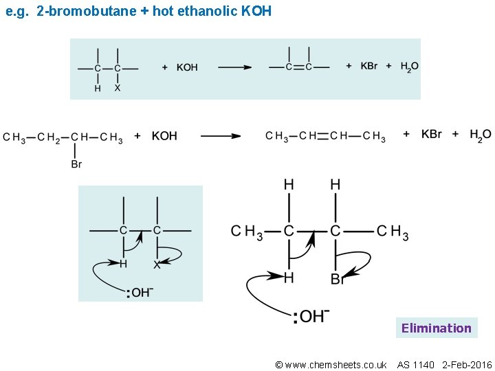 e. g. 2 -bromobutane + hot ethanolic KOH Elimination © www. chemsheets. co. uk